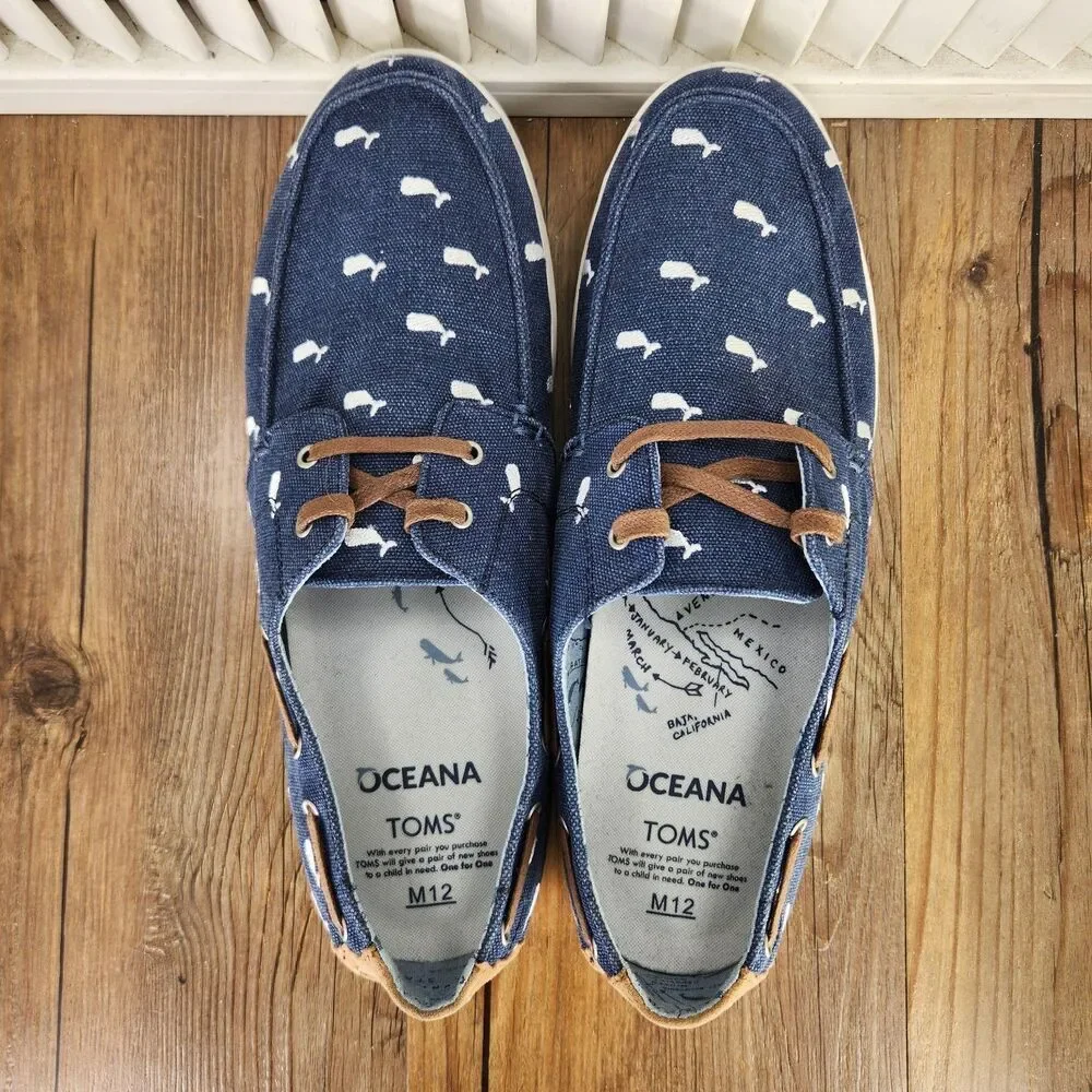 Toms Oceana Whale Print Boat Shoes Men's 12 Blue Canvas Casual Comfort Dockside